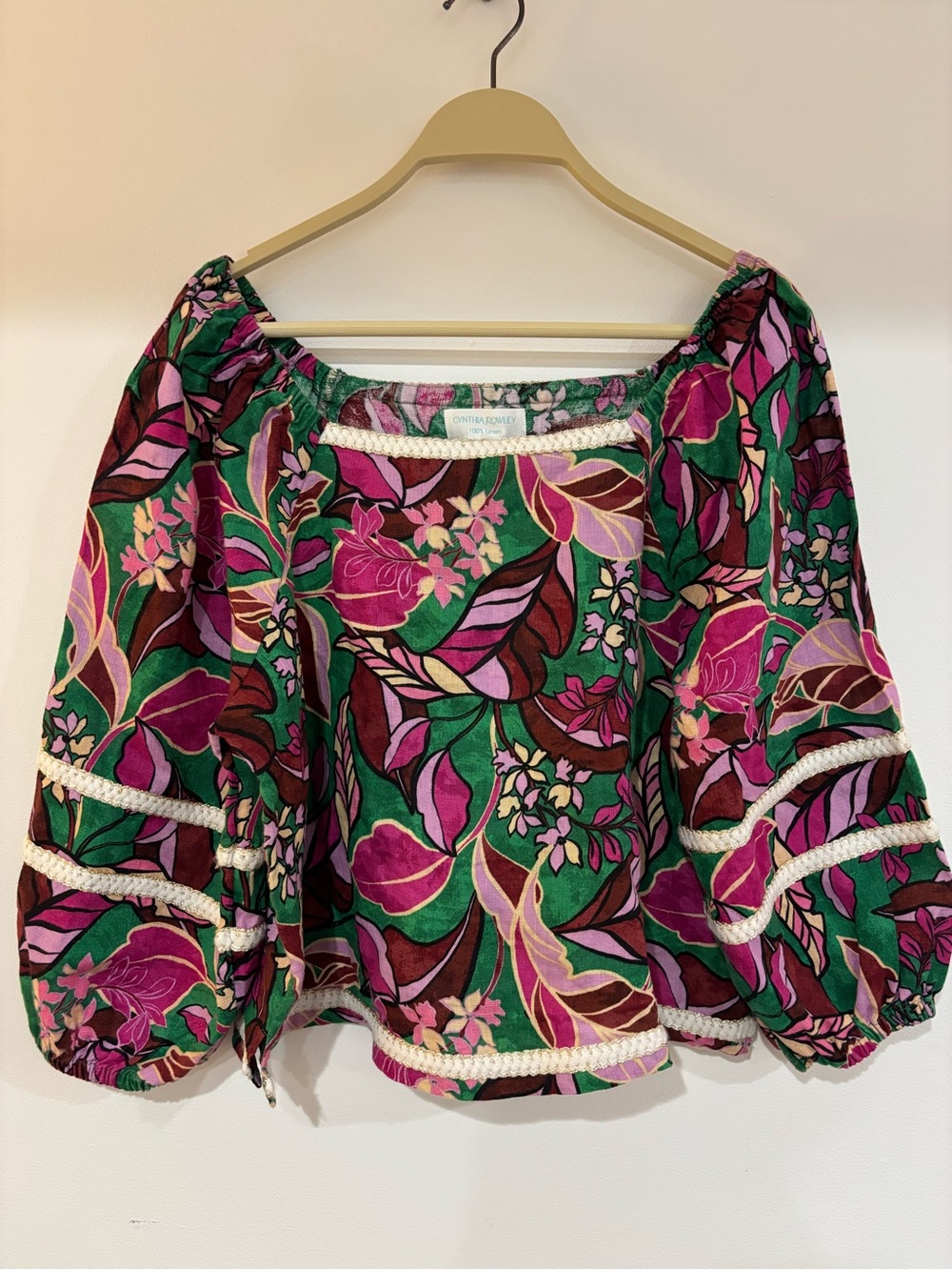 Cynthia Rowley Floral Off-Shoulder Puff Sleeve Top Size Medium 100% Linen